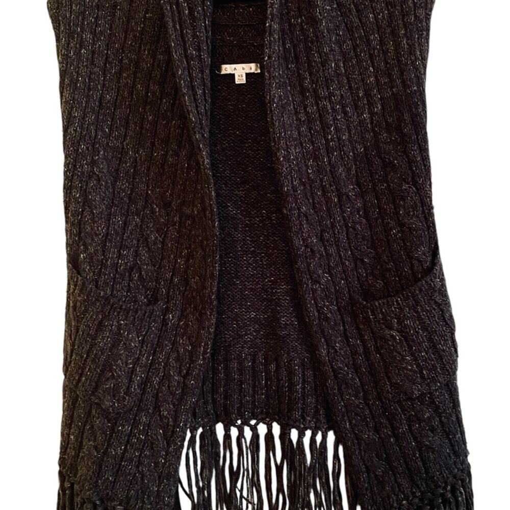 CAbi Black Shrug with Cable Knit and Fringe